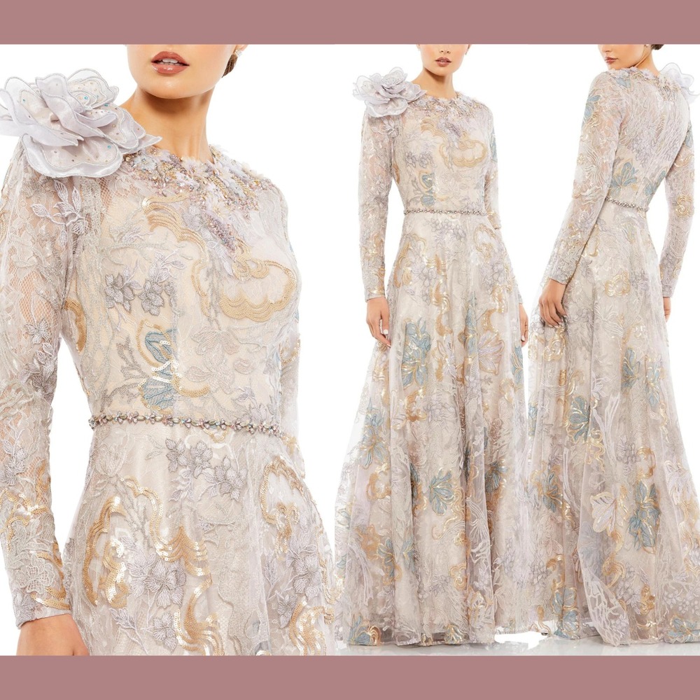NEW Mac Duggal [ 16 ] Floral Embellished Long Sleeve Rose‎ Appliqué Gown